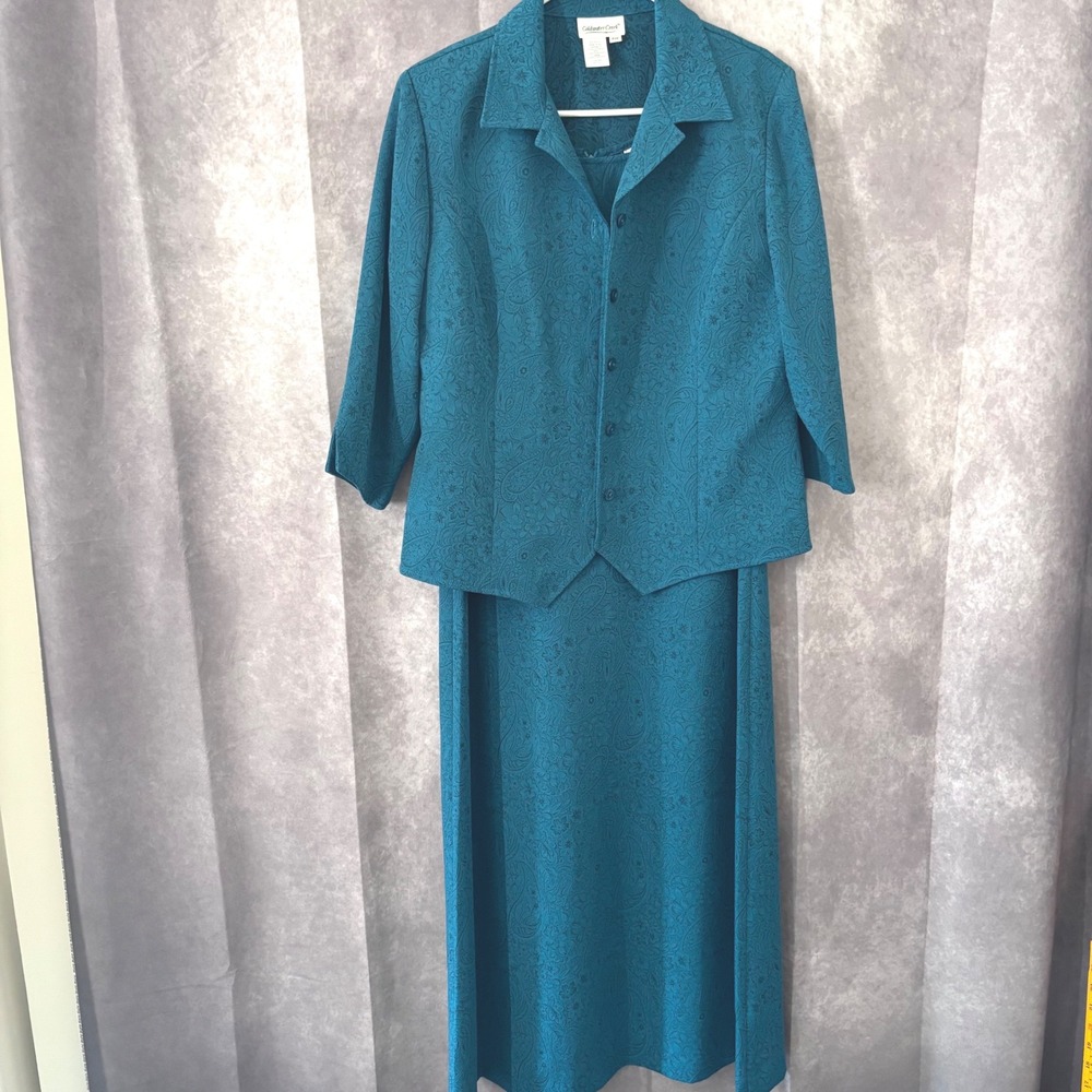 Vintage 2 Piece Coldwater Creek Dress Suit Teal Paisley Women Size Petite 12